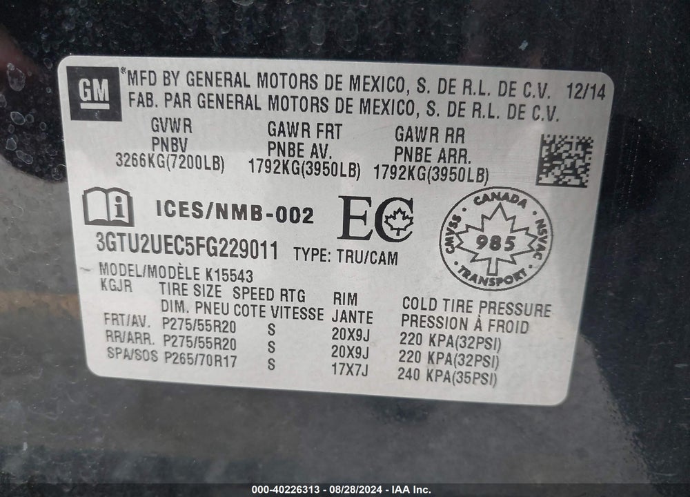 2015 GMC SIERRA 1500 SLE VIN: 3GTU2UEC5FG229011