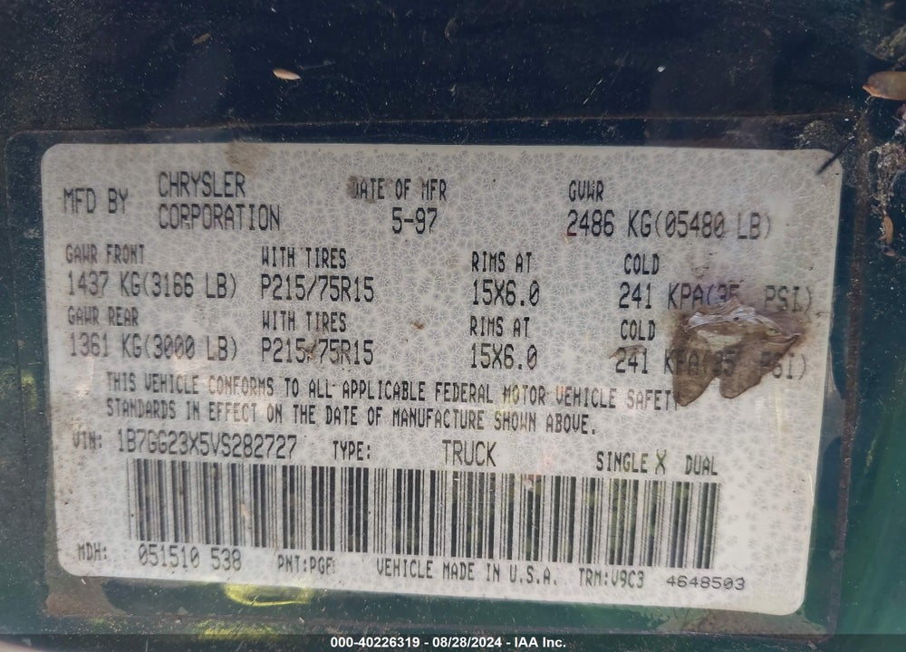 1997 DODGE DAKOTA VIN: 1B7GG23X5VS282727