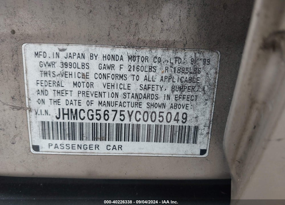 2000 HONDA ACCORD 2.3 SE VIN: JHMCG5675YC005049