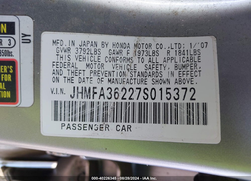 2007 HONDA CIVIC HYBRID VIN: JHMFA36227S015372