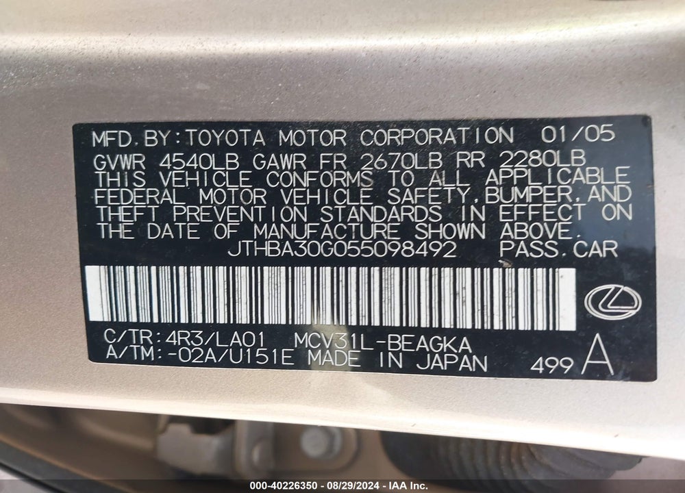 2005 LEXUS ES 330 VIN: JTHBA30G055098492