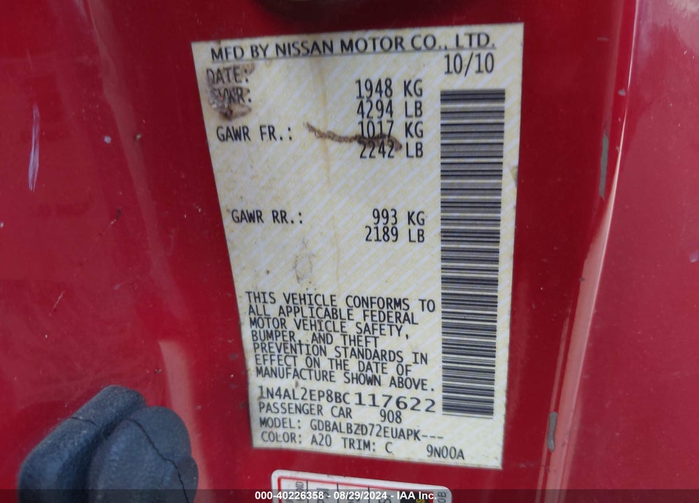 2011 NISSAN ALTIMA 2.5 S VIN: 1N4AL2EP8BC117622