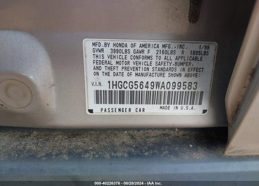 1998 HONDA ACCORD LX VIN: 1HGCG5649WA099583