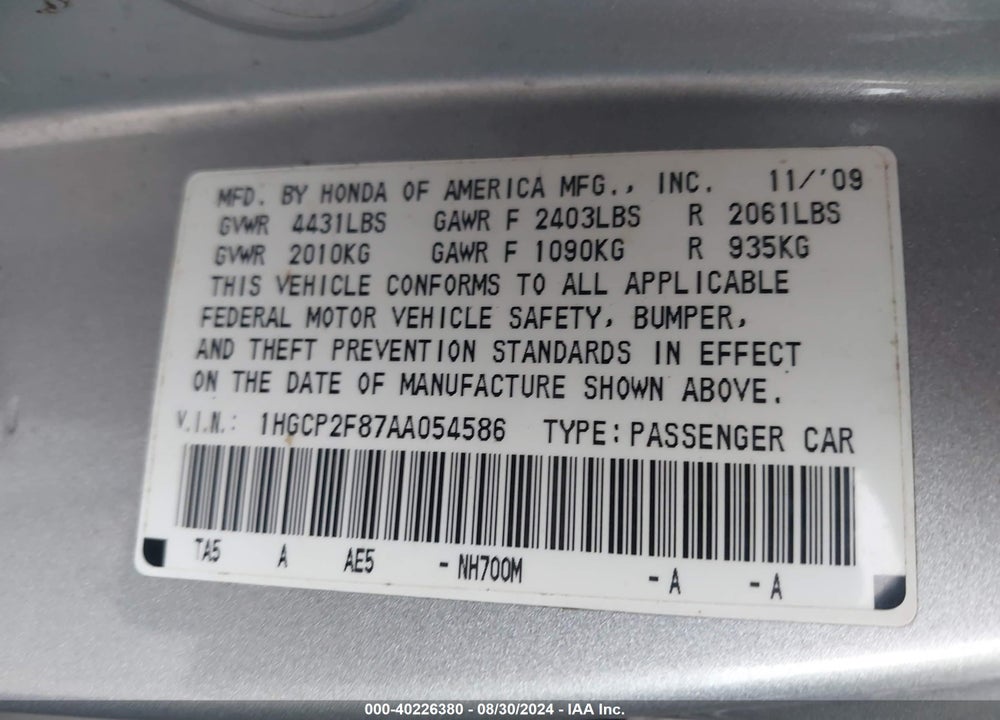 2010 HONDA ACCORD SDN 2.4 EX-L/EX-L VIN: 1HGCP2F87AA054586
