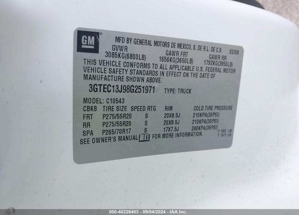 2008 GMC SIERRA 1500 SLE1 VIN: 3GTEC13J98G251971