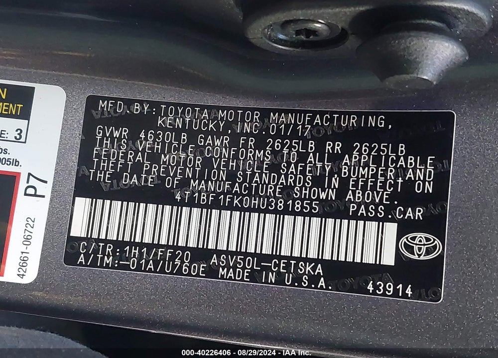 2017 TOYOTA CAMRY SE VIN: 4T1BF1FK0HU381855