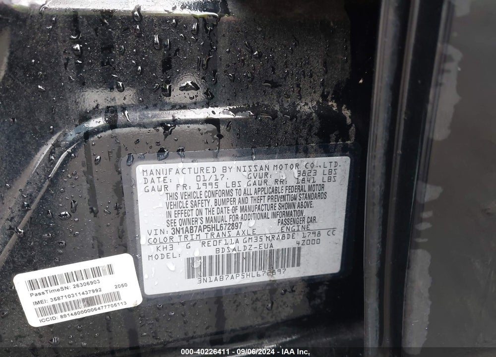 2017 NISSAN SENTRA SV VIN: 3N1AB7AP5HL672897