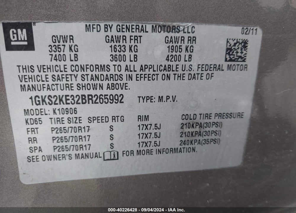 2011 GMC YUKON XL 1500 SLT VIN: 1GKS2KE32BR265992
