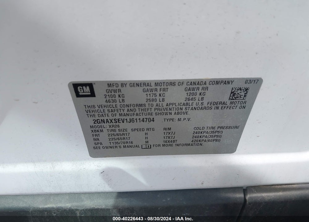 2018 CHEVROLET EQUINOX LT VIN: 2GNAXSEV1J6114704