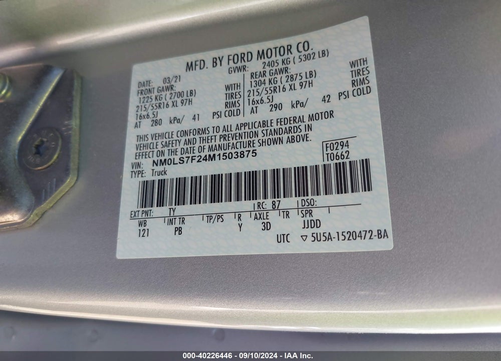 2021 FORD TRANSIT CONNECT XLT VIN: NM0LS7F24M1503875