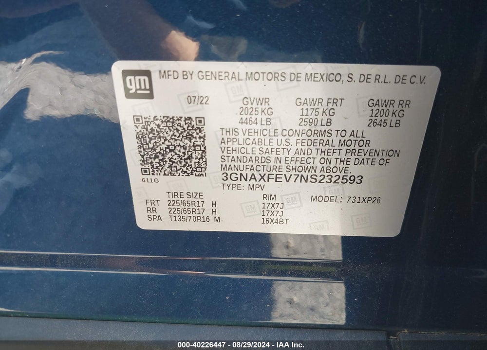 2022 CHEVROLET EQUINOX VIN: 3GNAXFEV7NS232593