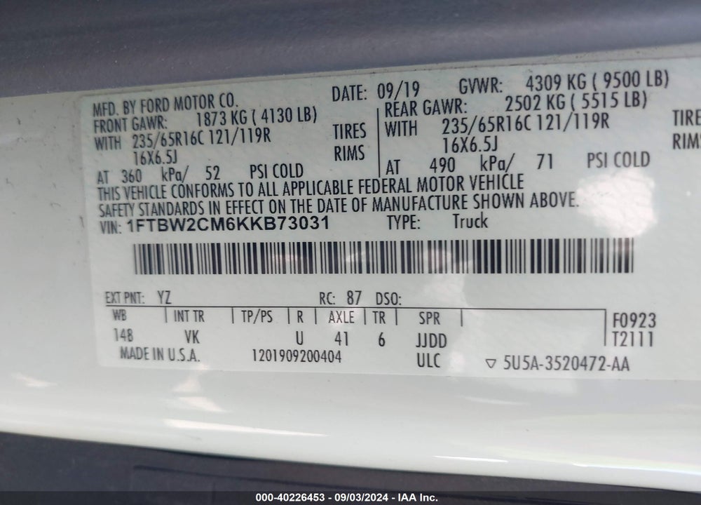 2019 FORD TRANSIT-350 VIN: 1FTBW2CM6KKB73031