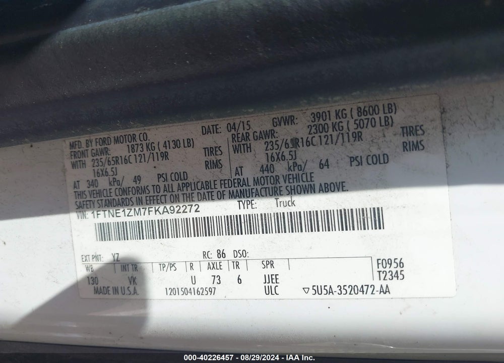 2015 FORD TRANSIT-150 VIN: 1FTNE1ZM7FKA92272