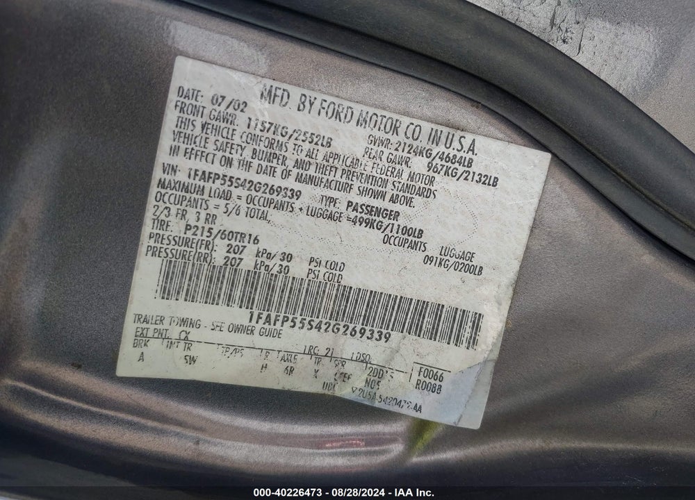 2002 FORD TAURUS SES VIN: 1FAFP55S42G269339