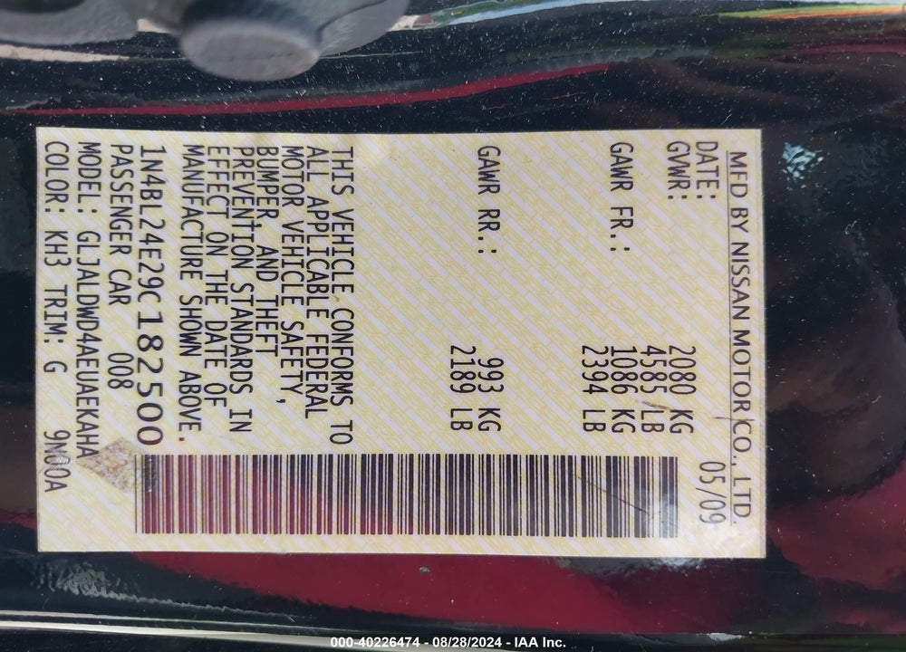 2009 NISSAN ALTIMA 3.5 SE VIN: 1N4BL24E29C182500