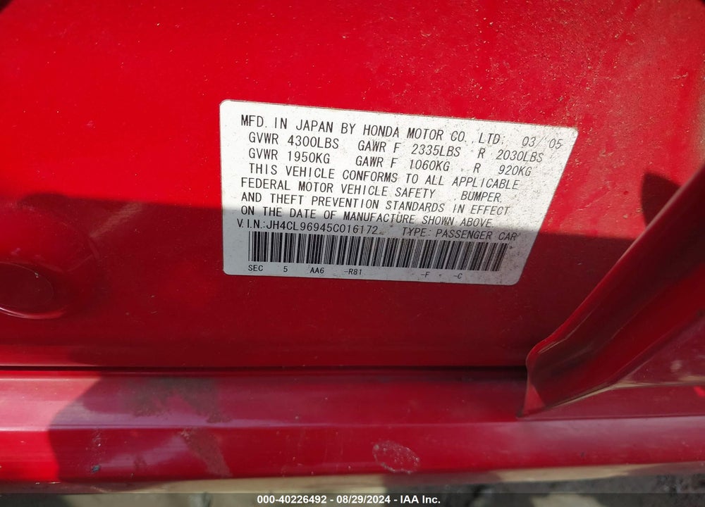2005 ACURA TSX VIN: JH4CL96945C016172
