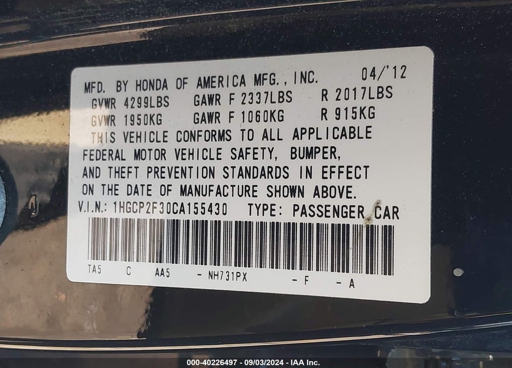 2012 HONDA ACCORD 2.4 LX VIN: 1HGCP2F30CA155430
