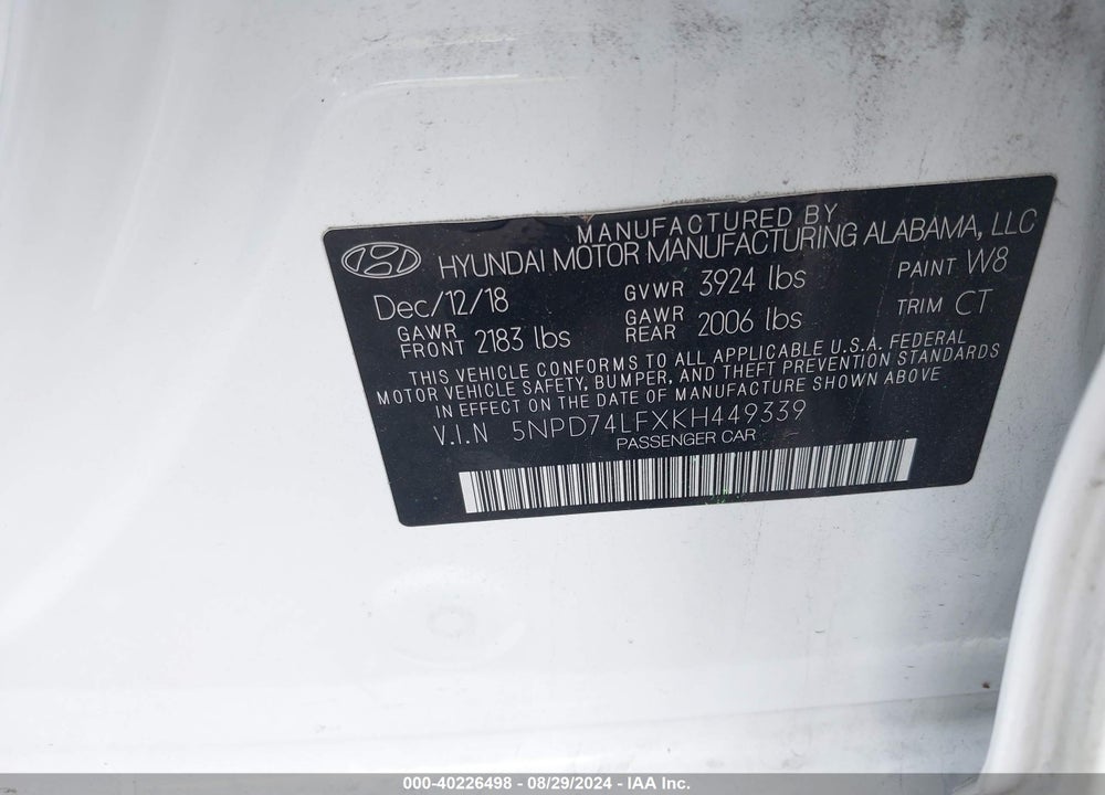 2019 HYUNDAI ELANTRA SE VIN: 5NPD74LFXKH449339