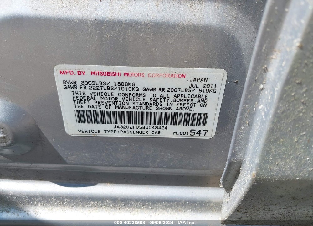 2011 MITSUBISHI LANCER ES VIN: JA32U2FU5BU043424