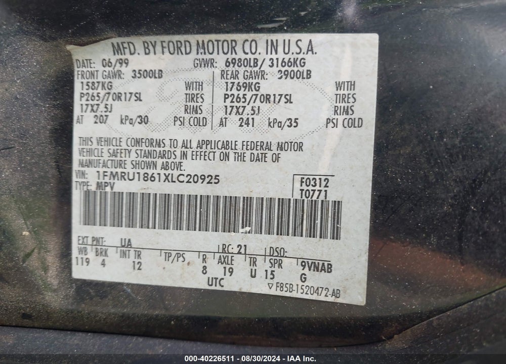 1999 FORD EXPEDITION XLT VIN: 1FMRU1861XLC20925