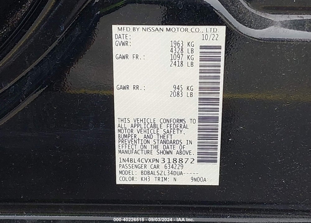 2023 NISSAN ALTIMA SR FWD VIN: 1N4BL4CVXPN318872