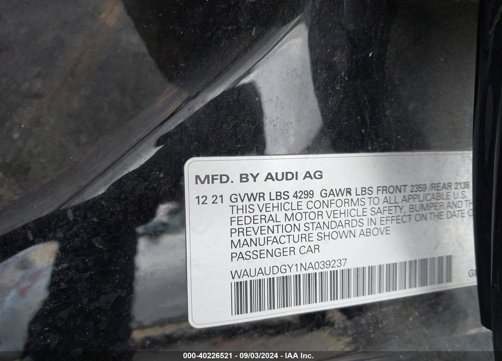 2022 AUDI A3 PREMIUM 40 TFSI FRONT-WHEEL DRIVE S TRONIC VIN: WAUAUDGY1NA039237