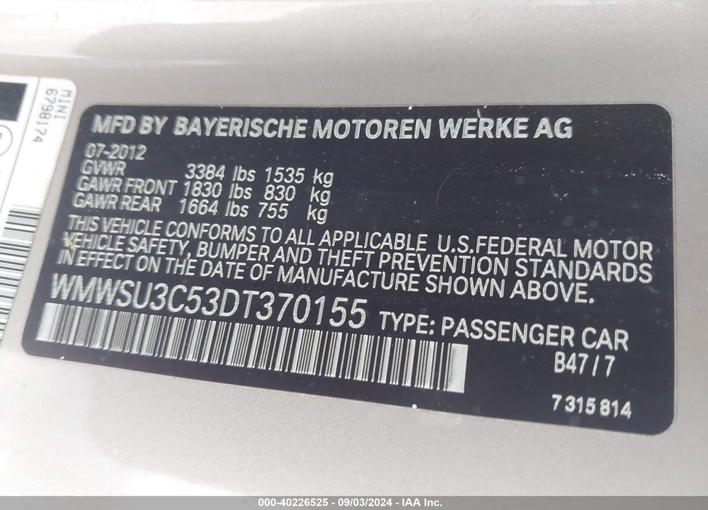 2013 MINI HARDTOP COOPER VIN: WMWSU3C53DT370155