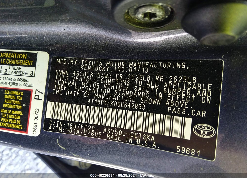 2013 TOYOTA CAMRY SE VIN: 4T1BF1FK0DU642833