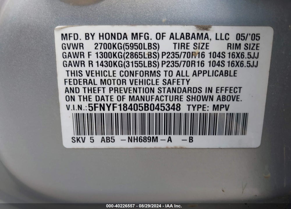 2005 HONDA PILOT EX VIN: 5FNYF18405B045348