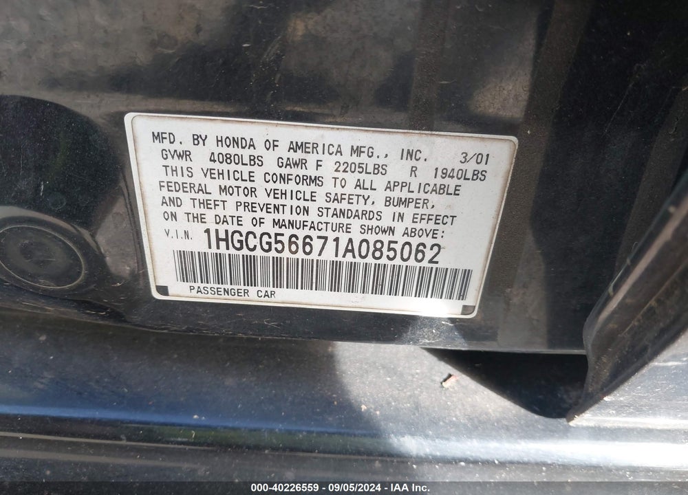 2001 HONDA ACCORD 2.3 EX VIN: 1HGCG56671A085062