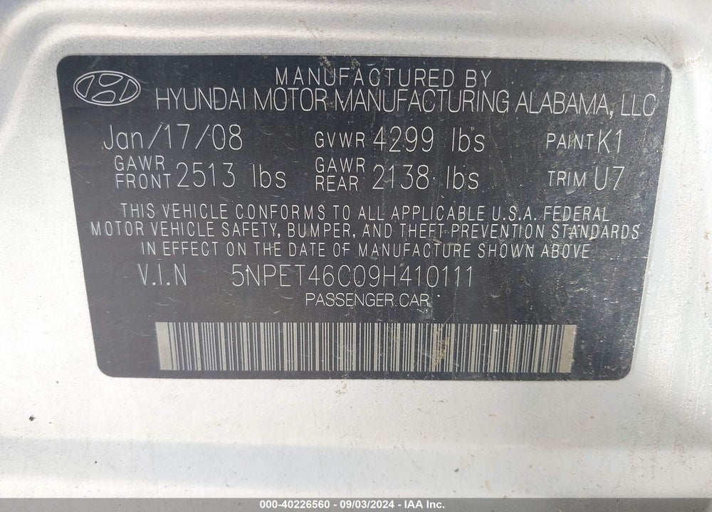 2009 HYUNDAI SONATA GLS VIN: 5NPET46C09H410111