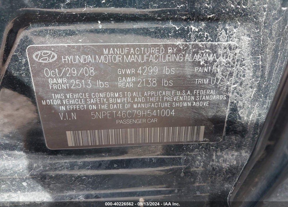 2009 HYUNDAI SONATA GLS VIN: 5NPET46C79H541004