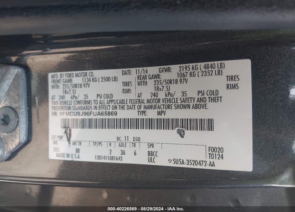 2015 FORD ESCAPE TITANIUM VIN: 1FMCU9J96FUA65869