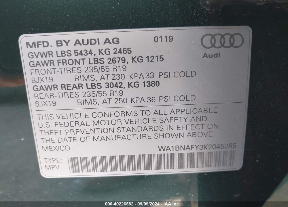 2019 AUDI Q5 45 PREMIUM VIN: WA1BNAFY3K2045285