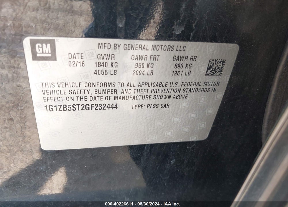 2016 CHEVROLET MALIBU LS VIN: 1G1ZB5ST2GF232444