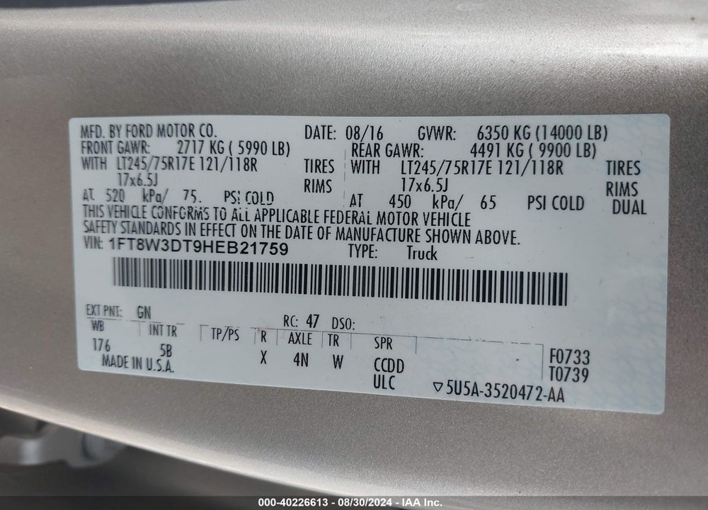 2017 FORD F-350 LARIAT VIN: 1FT8W3DT9HEB21759
