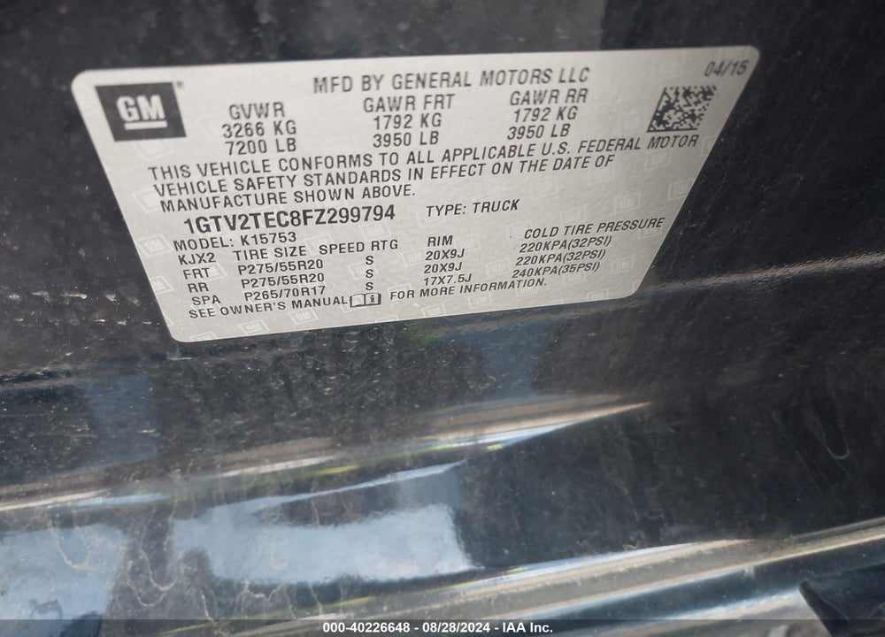 2015 GMC SIERRA 1500 VIN: 1GTV2TEC8FZ299794