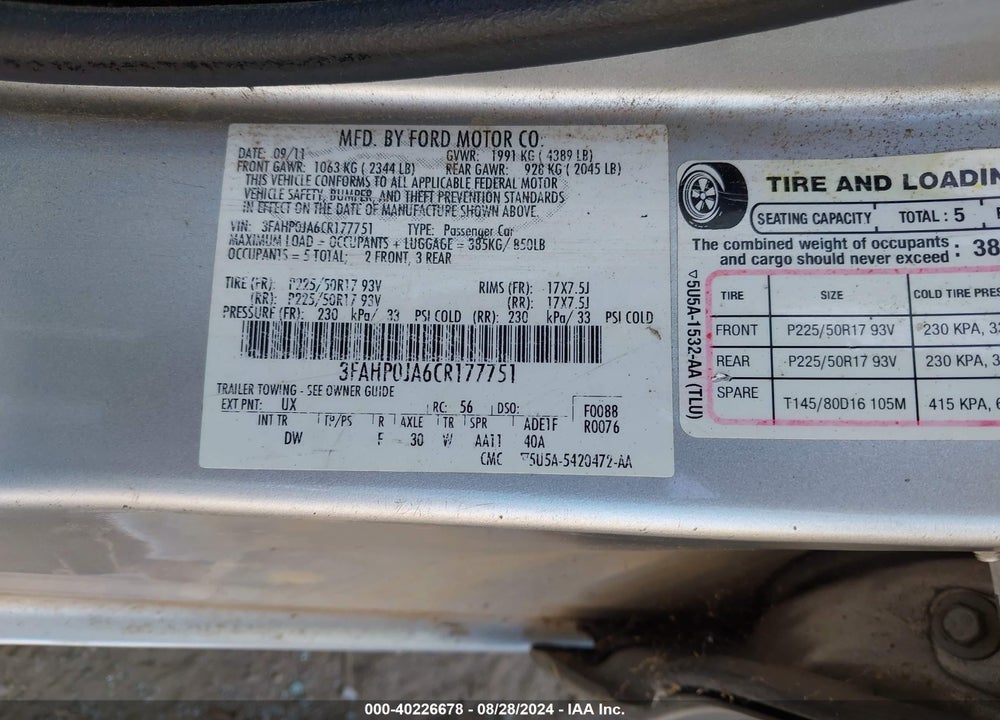 2012 FORD FUSION SEL VIN: 3FAHP0JA6CR177751