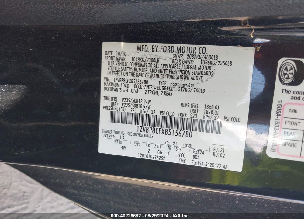 2011 FORD MUSTANG GT PREMIUM VIN: 1ZVBP8CFXB5156780