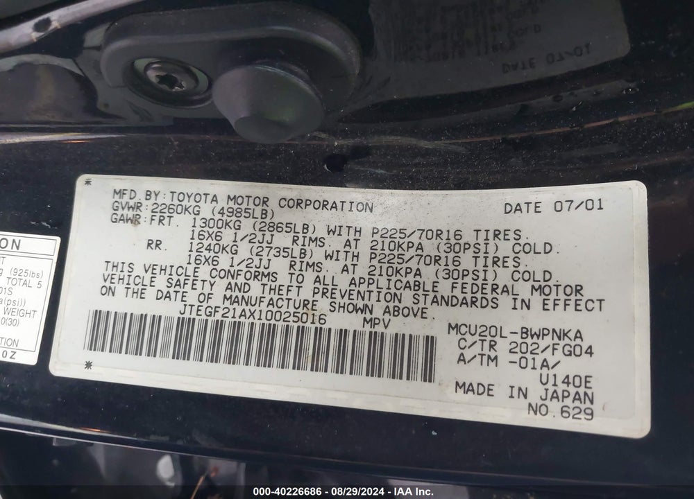 2001 TOYOTA HIGHLANDER V6 VIN: JTEGF21AX10025016