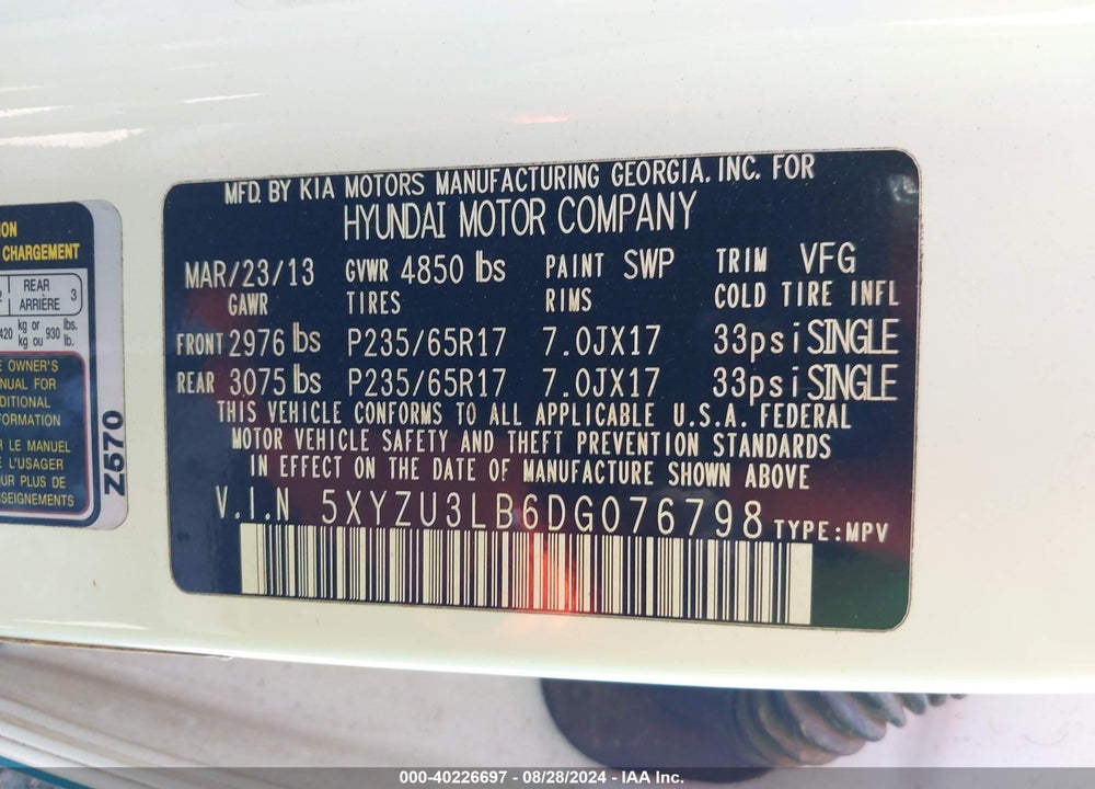2013 HYUNDAI SANTA FE SPORT VIN: 5XYZU3LB6DG076798