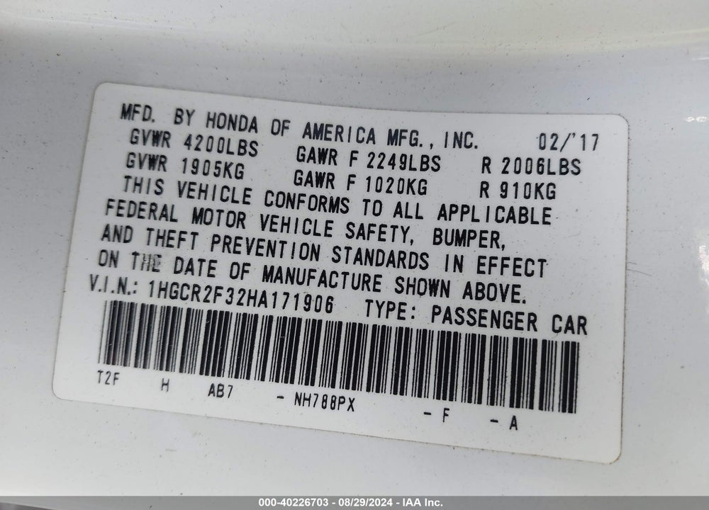 2017 HONDA ACCORD LX VIN: 1HGCR2F32HA171906