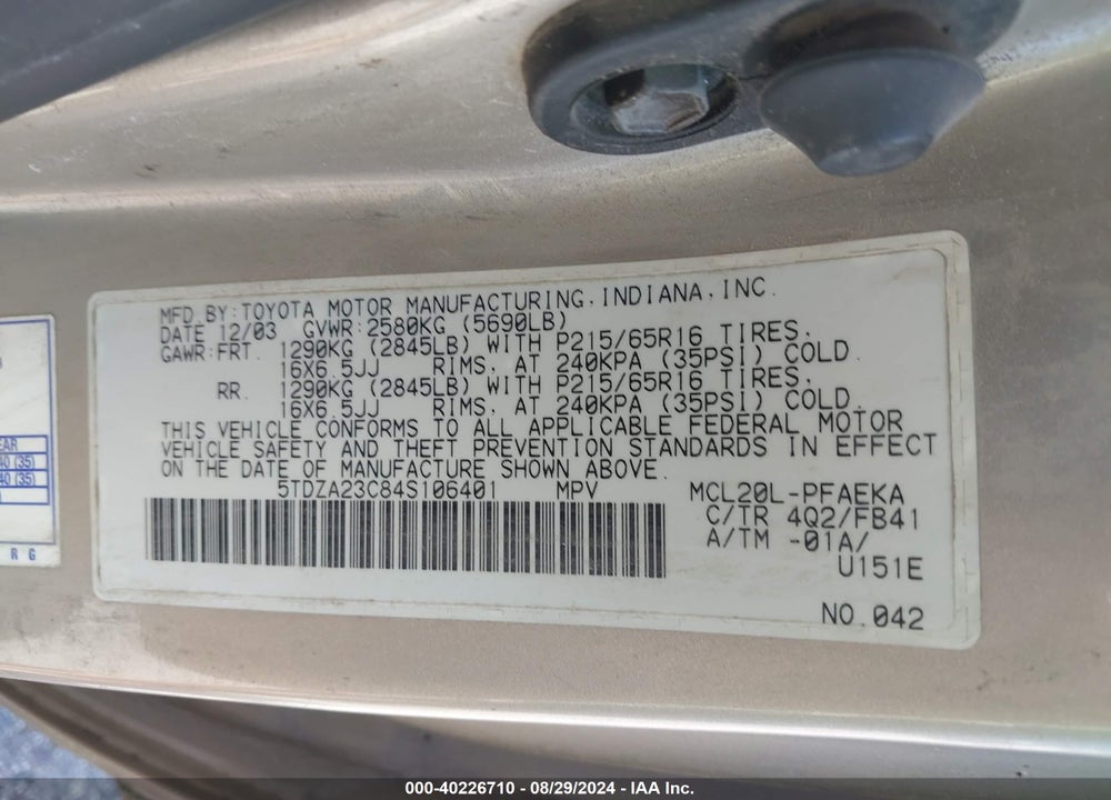 2004 TOYOTA SIENNA LE VIN: 5TDZA23C84S106401