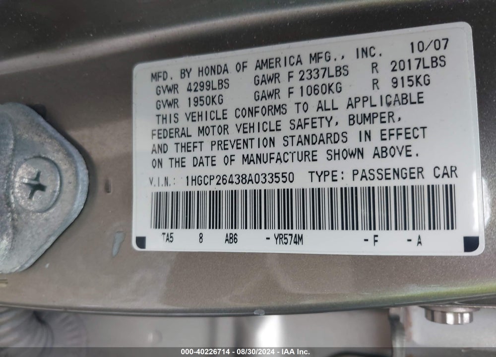 2008 HONDA ACCORD 2.4 LX-P VIN: 1HGCP26438A033550