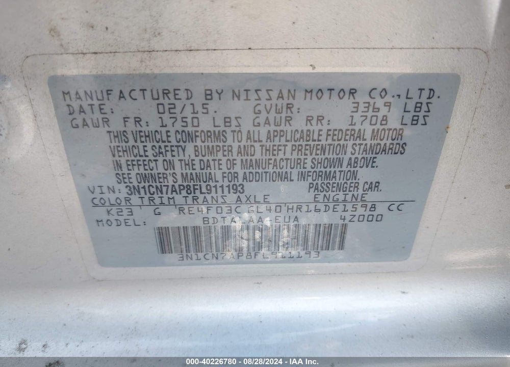 2015 NISSAN VERSA 1.6 S+ VIN: 3N1CN7AP8FL911193