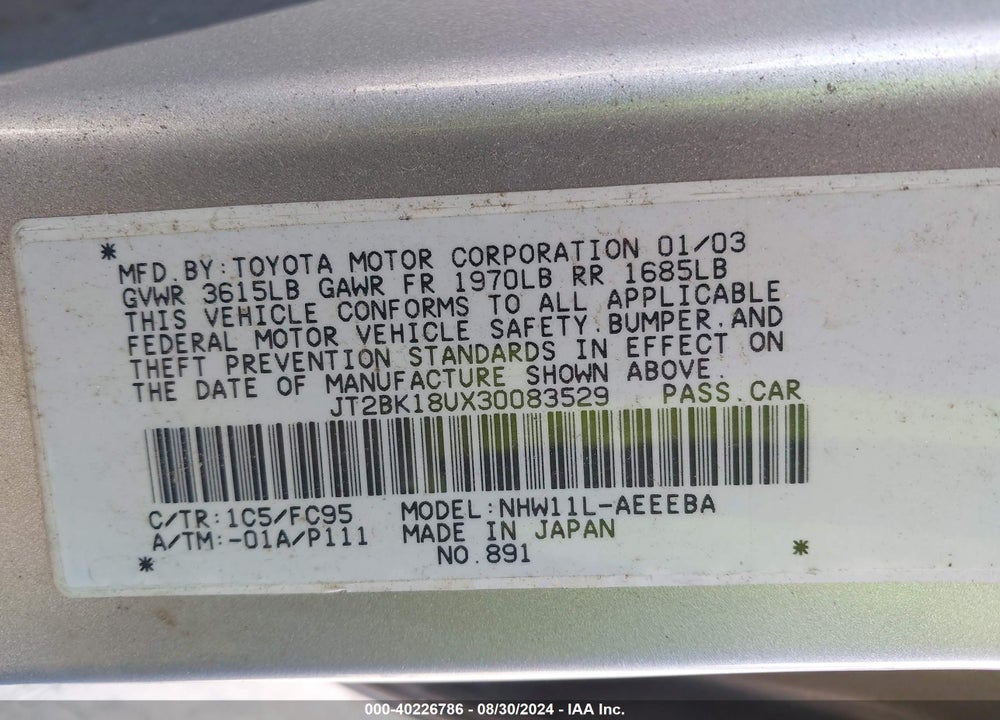 2003 TOYOTA PRIUS VIN: JT2BK18UX30083529