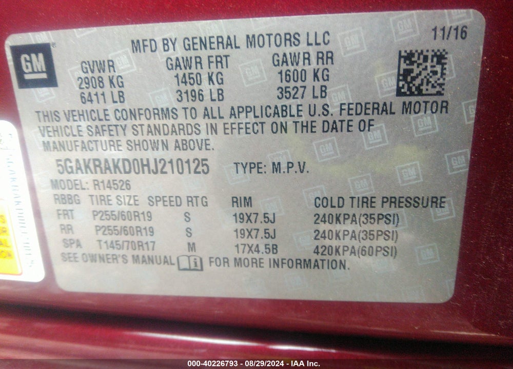 2017 BUICK ENCLAVE CONVENIENCE VIN: 5GAKRAKD0HJ210125