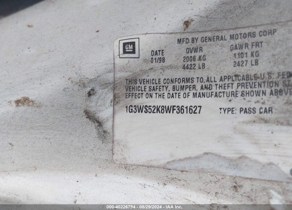 1998 OLDSMOBILE INTRIGUE GL VIN: 1G3WS52K8WF361627