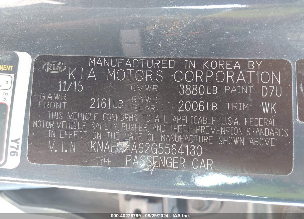 2016 KIA FORTE LX VIN: KNAFK4A62G5564130