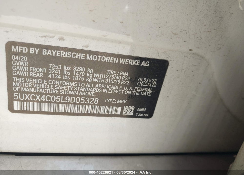 2020 BMW X7 XDRIVE50I VIN: 5UXCX4C05L9D05328